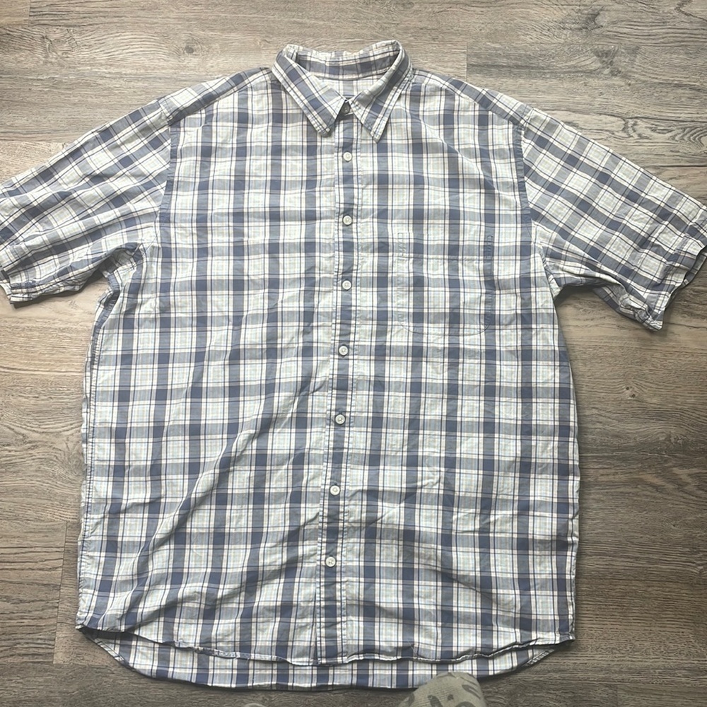 Eddie Bauer Men’s Plaid Short Sleeved Button Down Collared Shirt, size L Tall